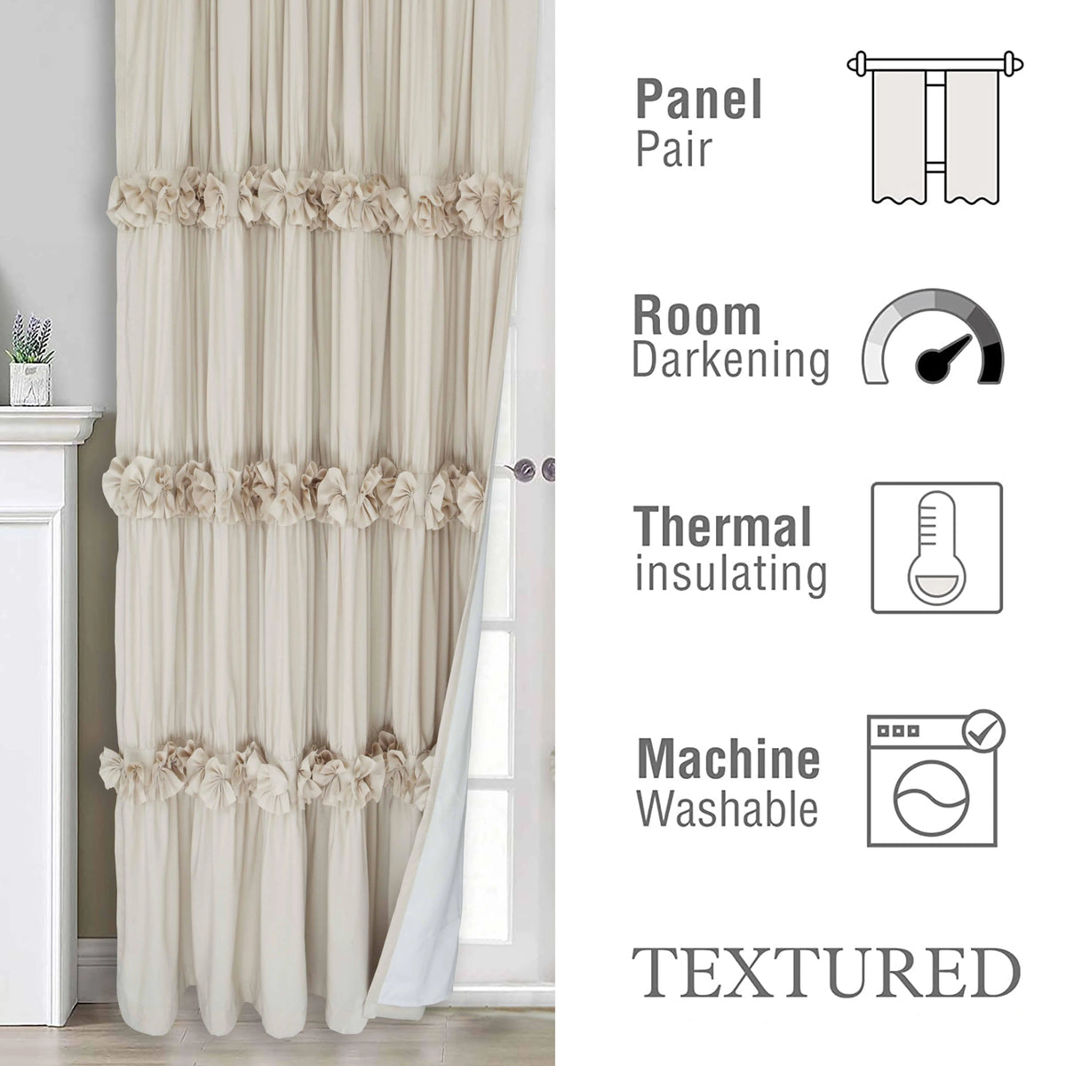 HIG Farmhouse Ruffle Window Curtains withBlackout Liner Handmade Bow Ties Drapes 2Panels Set curtain livingroom curtain edges(100x84 size only one panel)
