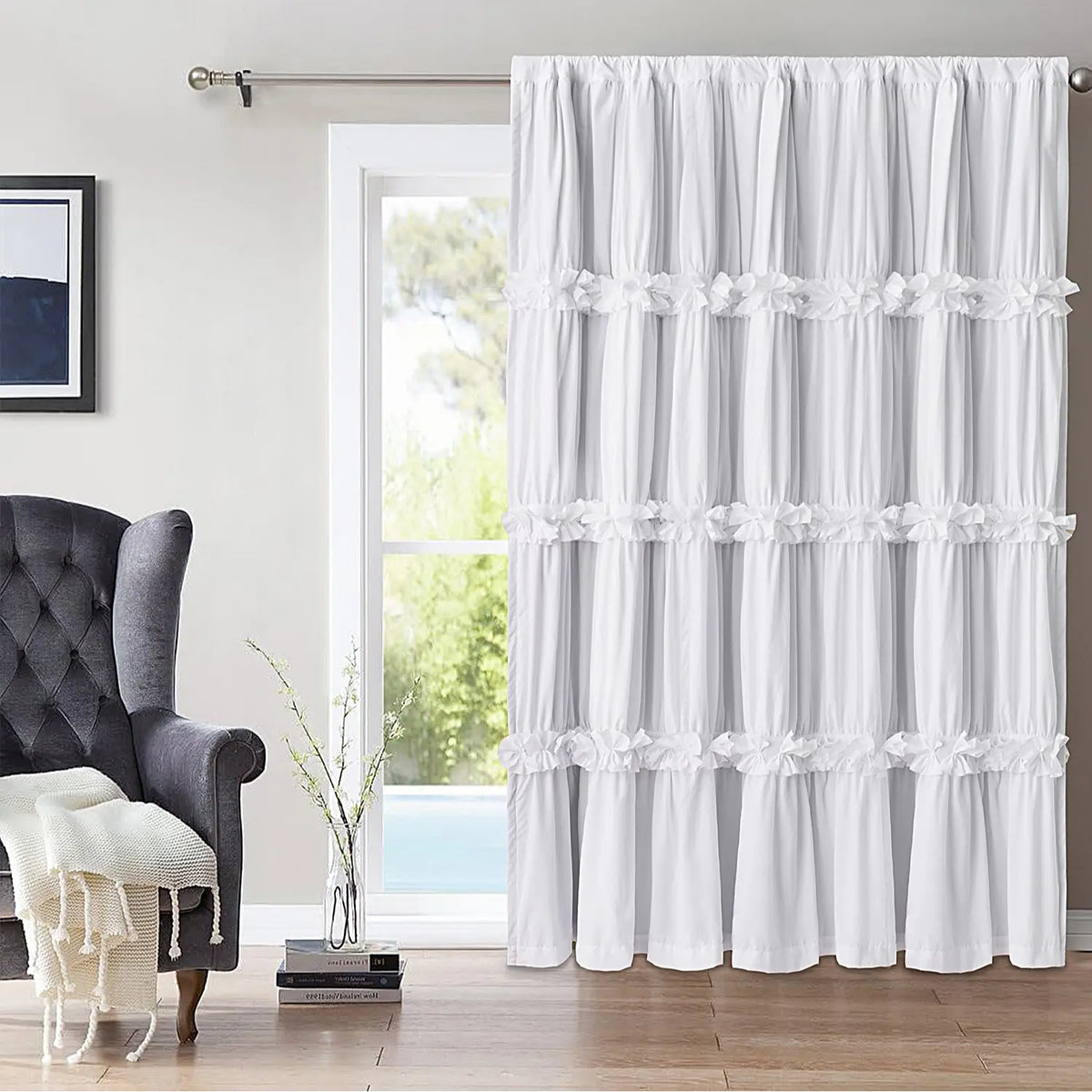 HIG Farmhouse Ruffle Window Curtains withBlackout Liner Handmade Bow Ties Drapes 2Panels Set curtain livingroom curtain edges(100x84 size only one panel)