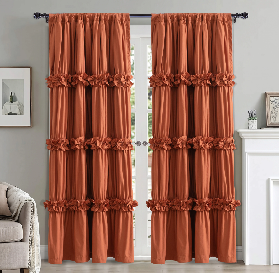 HIG Farmhouse Ruffle Window Curtains withBlackout Liner Handmade Bow Ties Drapes 2Panels Set curtain livingroom curtain edges(100x84 size only one panel)