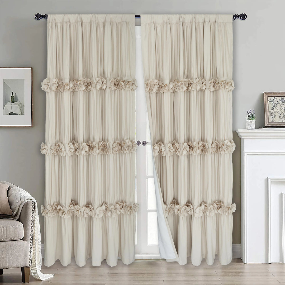 HIG Farmhouse Ruffle Window Curtains withBlackout Liner Handmade Bow Ties Drapes 2Panels Set curtain livingroom curtain edges(100x84 size only one panel)