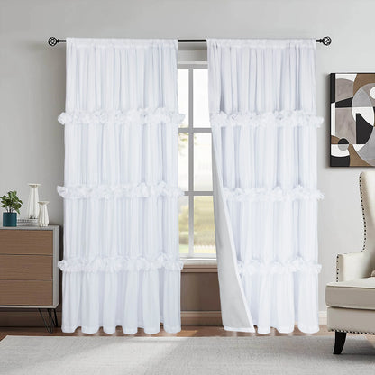 HIG Farmhouse Ruffle Window Curtains withBlackout Liner Handmade Bow Ties Drapes 2Panels Set curtain livingroom curtain edges(100x84 size only one panel)