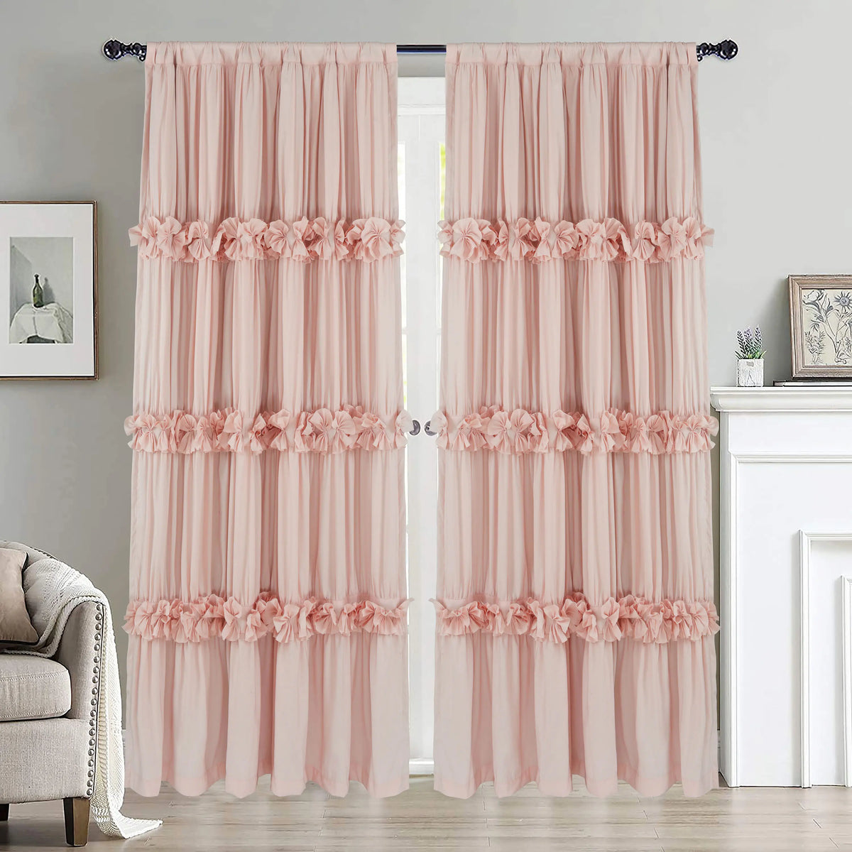 HIG Farmhouse Ruffle Window Curtains withBlackout Liner Handmade Bow Ties Drapes 2Panels Set curtain livingroom curtain edges(100x84 size only one panel)