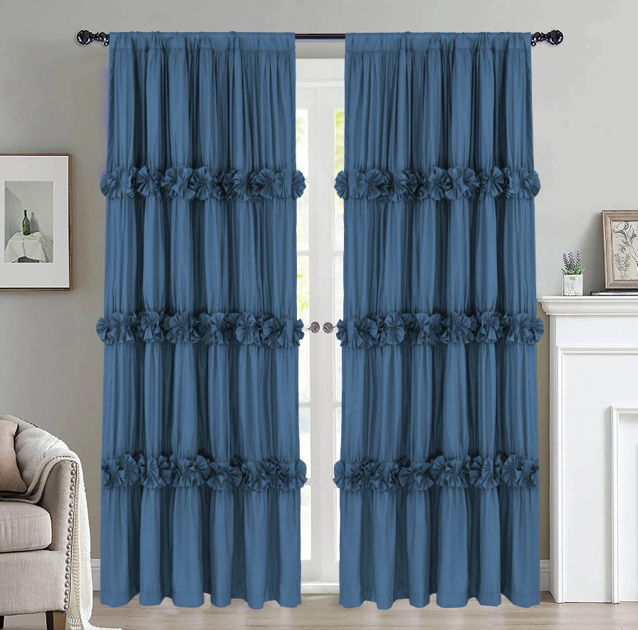 HIG Farmhouse Ruffle Window Curtains withBlackout Liner Handmade Bow Ties Drapes 2Panels Set curtain livingroom curtain edges(100x84 size only one panel)