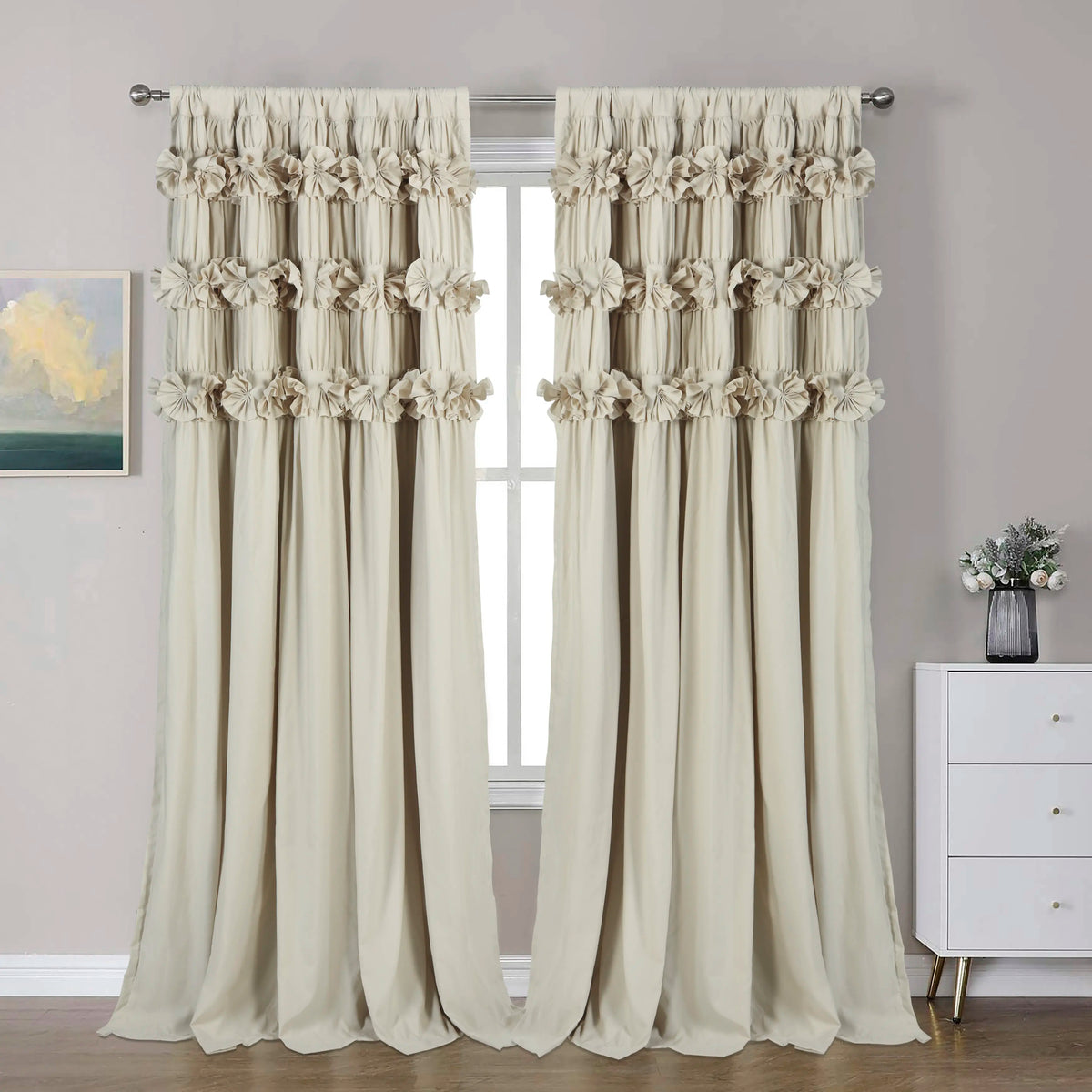 HIG Farmhouse Ruffle Window Curtains withBlackout Liner Handmade Bow Ties Drapes 2Panels Set curtain livingroom curtain edges(100x84 size only one panel)