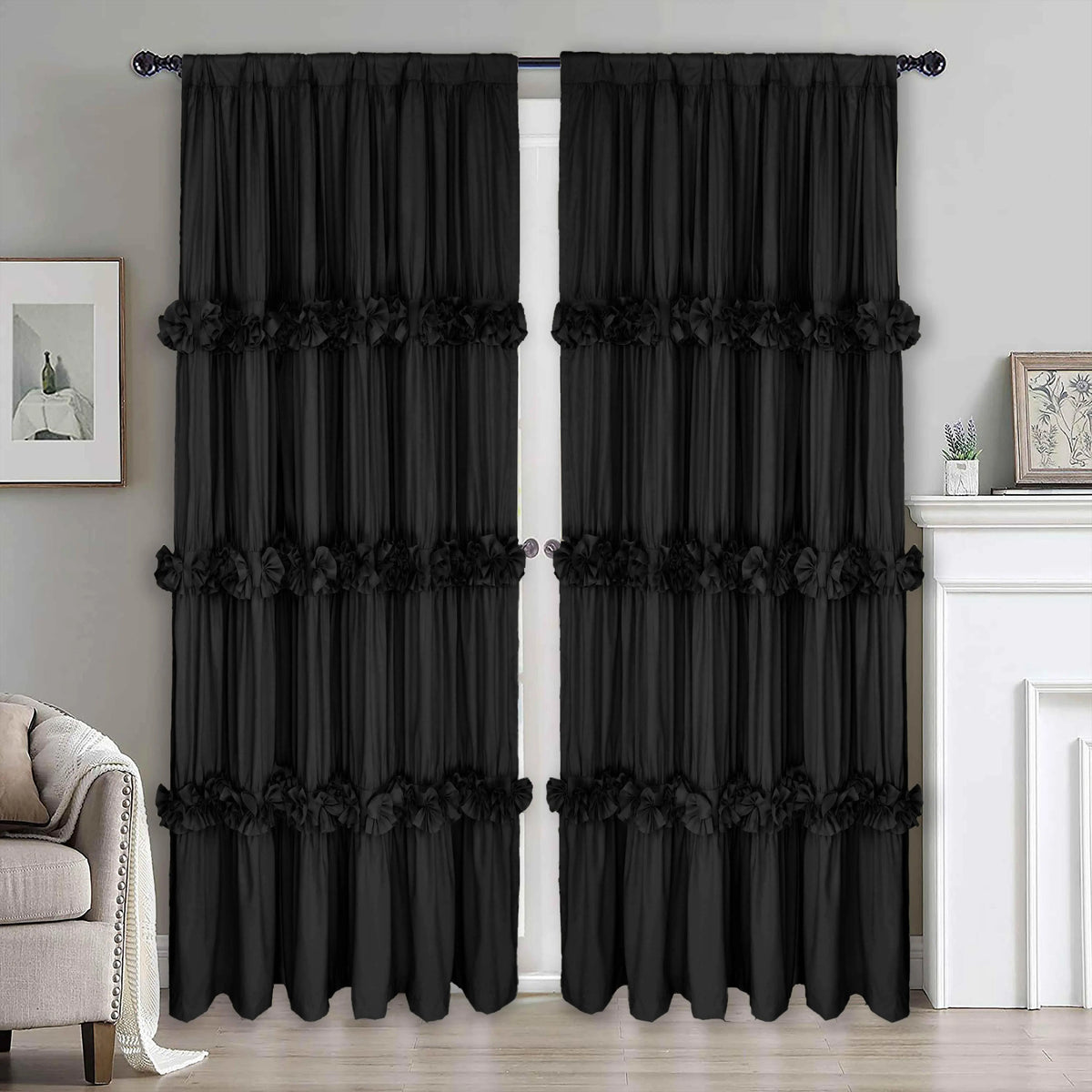 HIG Farmhouse Ruffle Window Curtains withBlackout Liner Handmade Bow Ties Drapes 2Panels Set curtain livingroom curtain edges(100x84 size only one panel)