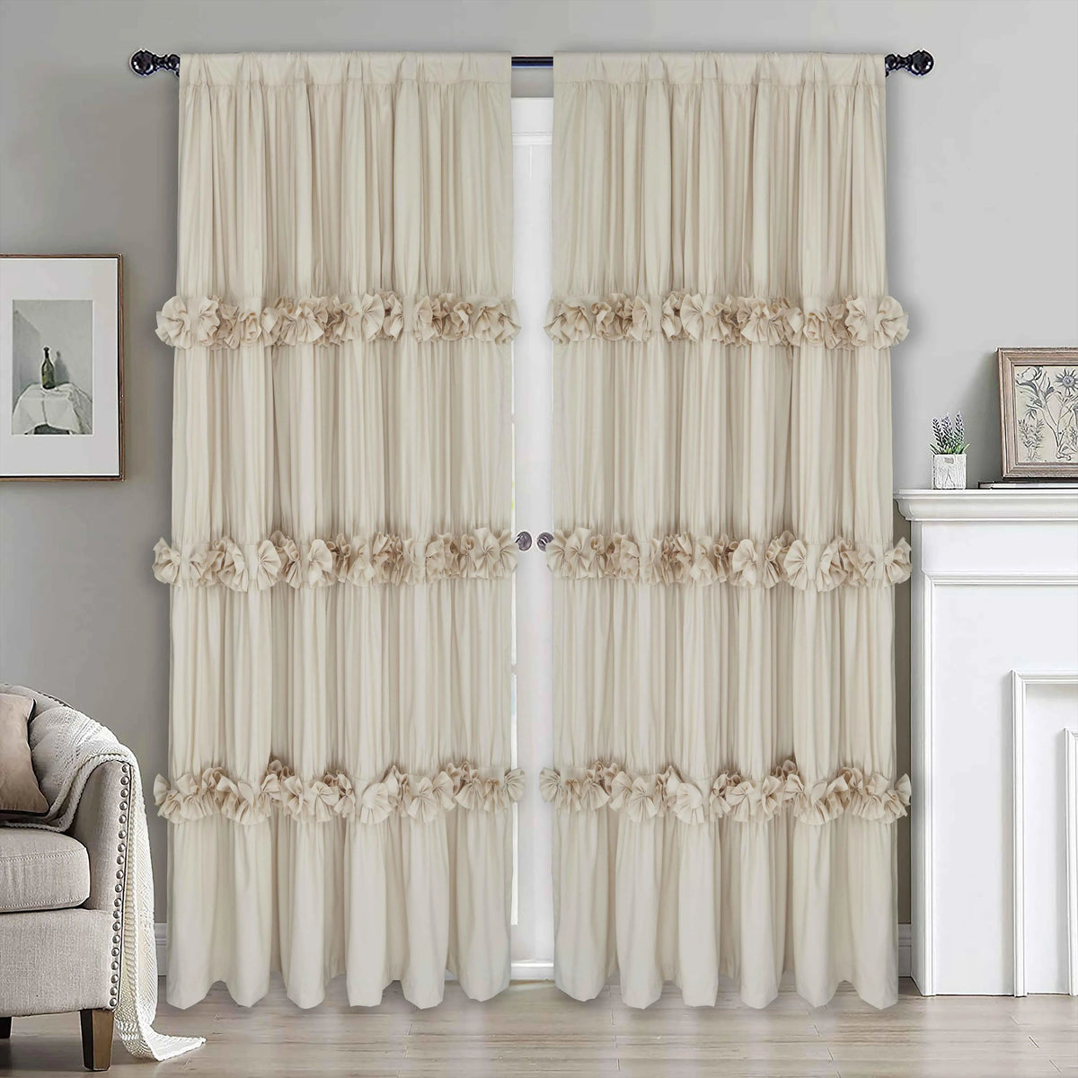 HIG Farmhouse Ruffle Window Curtains withBlackout Liner Handmade Bow Ties Drapes 2Panels Set curtain livingroom curtain edges(100x84 size only one panel)