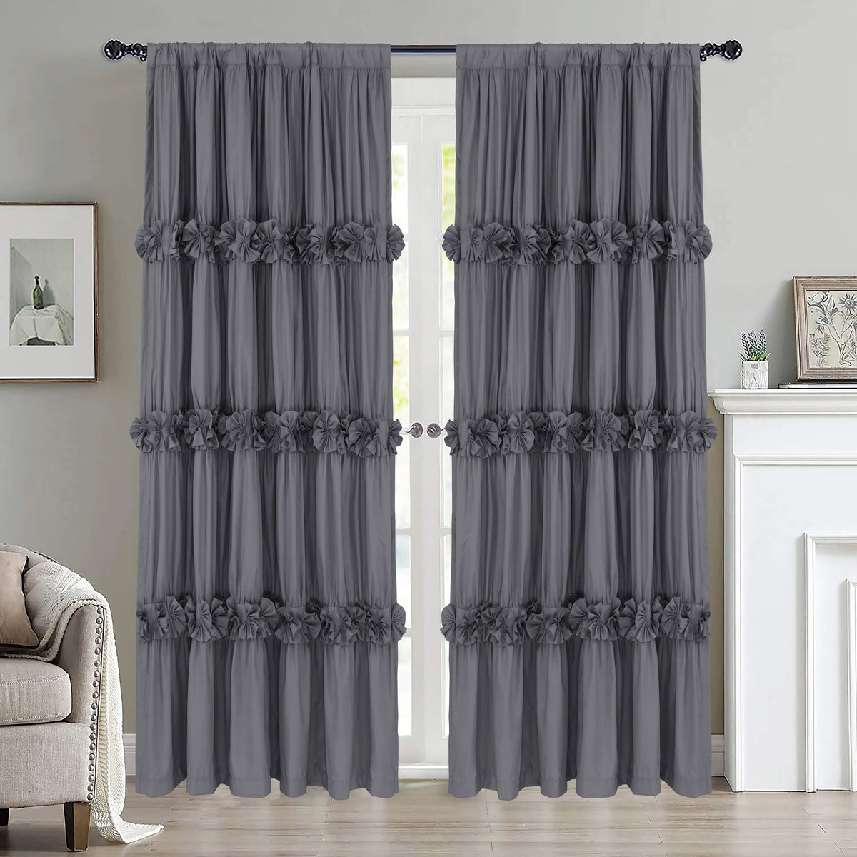 HIG Farmhouse Ruffle Window Curtains withBlackout Liner Handmade Bow Ties Drapes 2Panels Set curtain livingroom curtain edges(100x84 size only one panel)